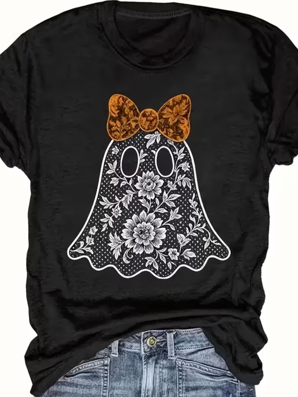 Halloween Graphic Print Tee with Black Floral Lace Ghost Graphic